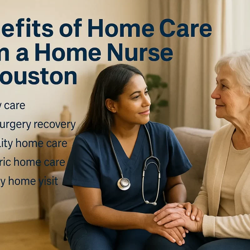 A skilled ICON Home Health nurse in navy scrubs provides compassionate in-home care to an elderly woman in a Houston-area residence.