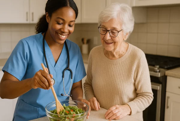 Caregiver in medical scrubs helping a senior woman prepare a salad in a Houston home kitchen as part of in-home health care services.