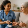 Nurse assisting elderly woman with medication at home during in-home care visit in Houston, TX.