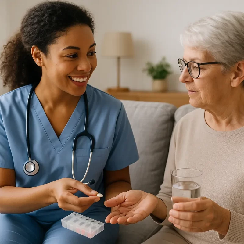 Nurse assisting elderly woman with medication at home during in-home care visit in Houston, TX.