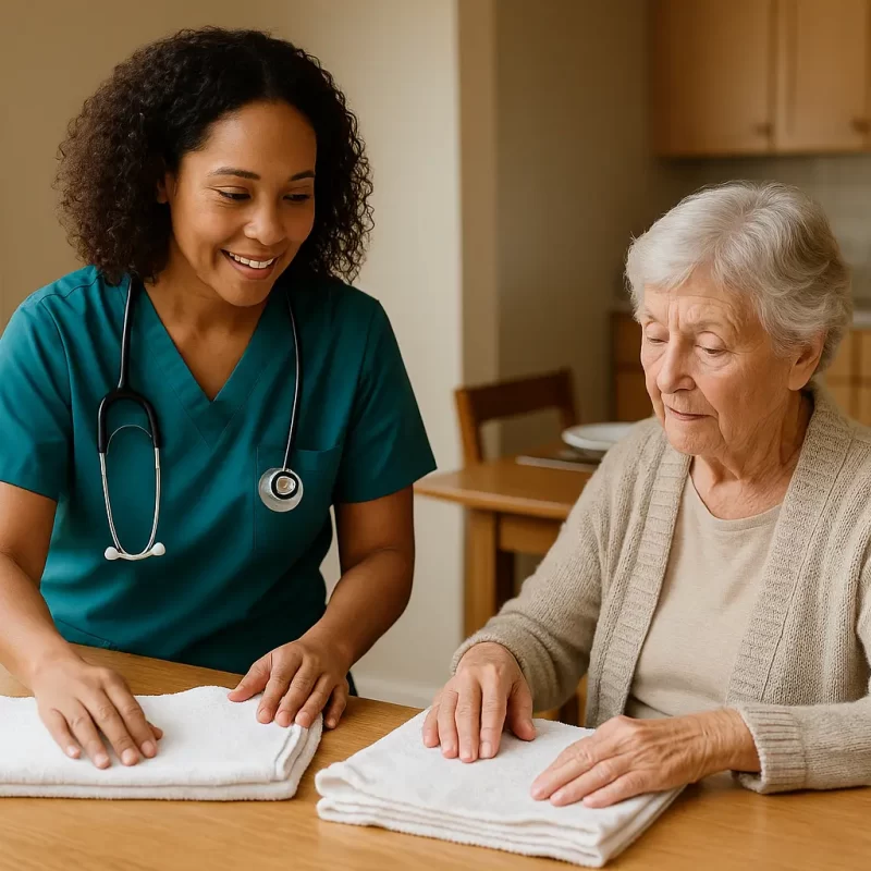 Caregiver assisting elderly woman with dementia in folding towels as part of daily engagement activities at home.