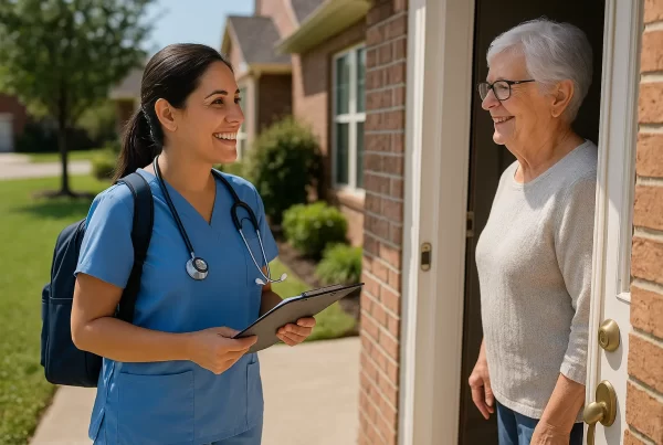 Nurse in blue scrubs visiting a smiling senior woman at her front door for affordable home care for senior