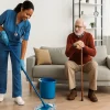 Caregiver in blue scrubs mopping the floor for a senior man in a cozy living room, representing senior home cleaning services in Houston.