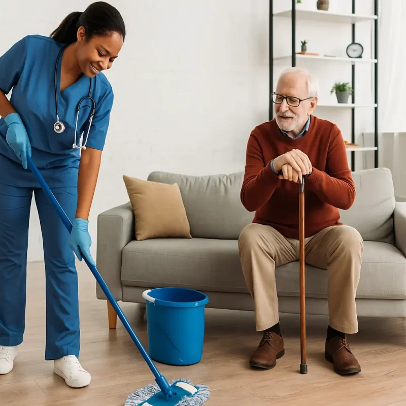 Caregiver in blue scrubs mopping the floor for a senior man in a cozy living room, representing senior home cleaning services in Houston.