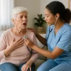 Nurse aide providing in-home palliative care by addressing breathlessness in an elderly patient.