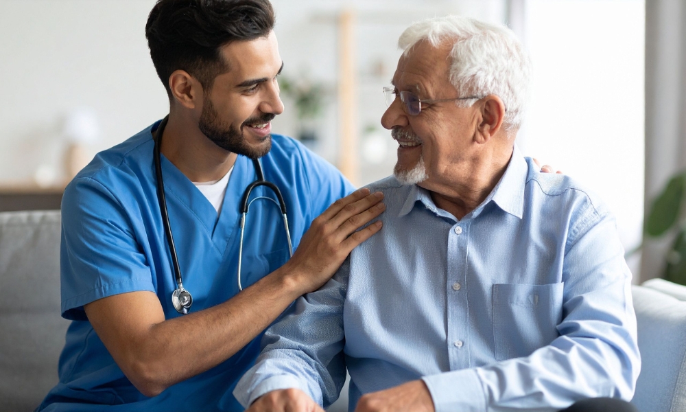 Senior receiving home health care support while aging safely and independently at home