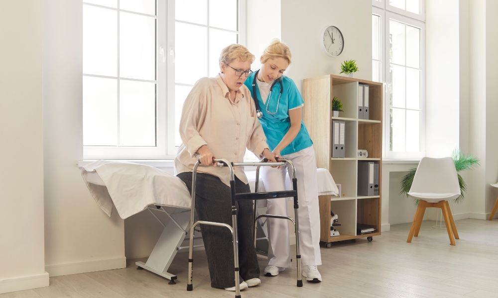 Senior receiving fall prevention support and home safety guidance