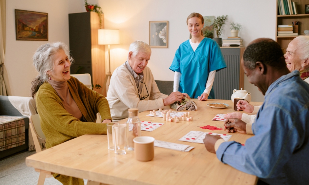 Senior enjoying improved quality of life at home with support from family and home health care professionals